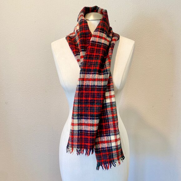Vintage Red Plaid Wool Scarf by Johnston's of Elgin - Made in Scotland - 52"x11" - Picture 1 of 5